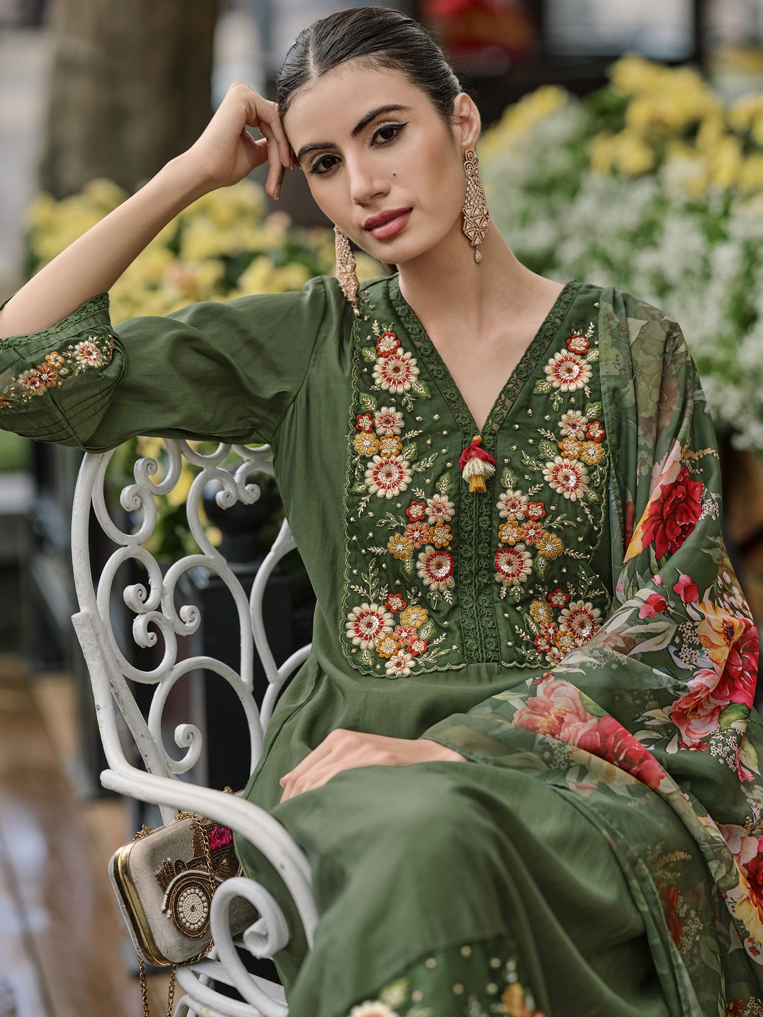 Royal Ethnic Womens Silk Blend Embroidered A Line Kurta Pant with Dupatta Set Stylish Festive Designer Party Wear Outfit - Royal Ethnic