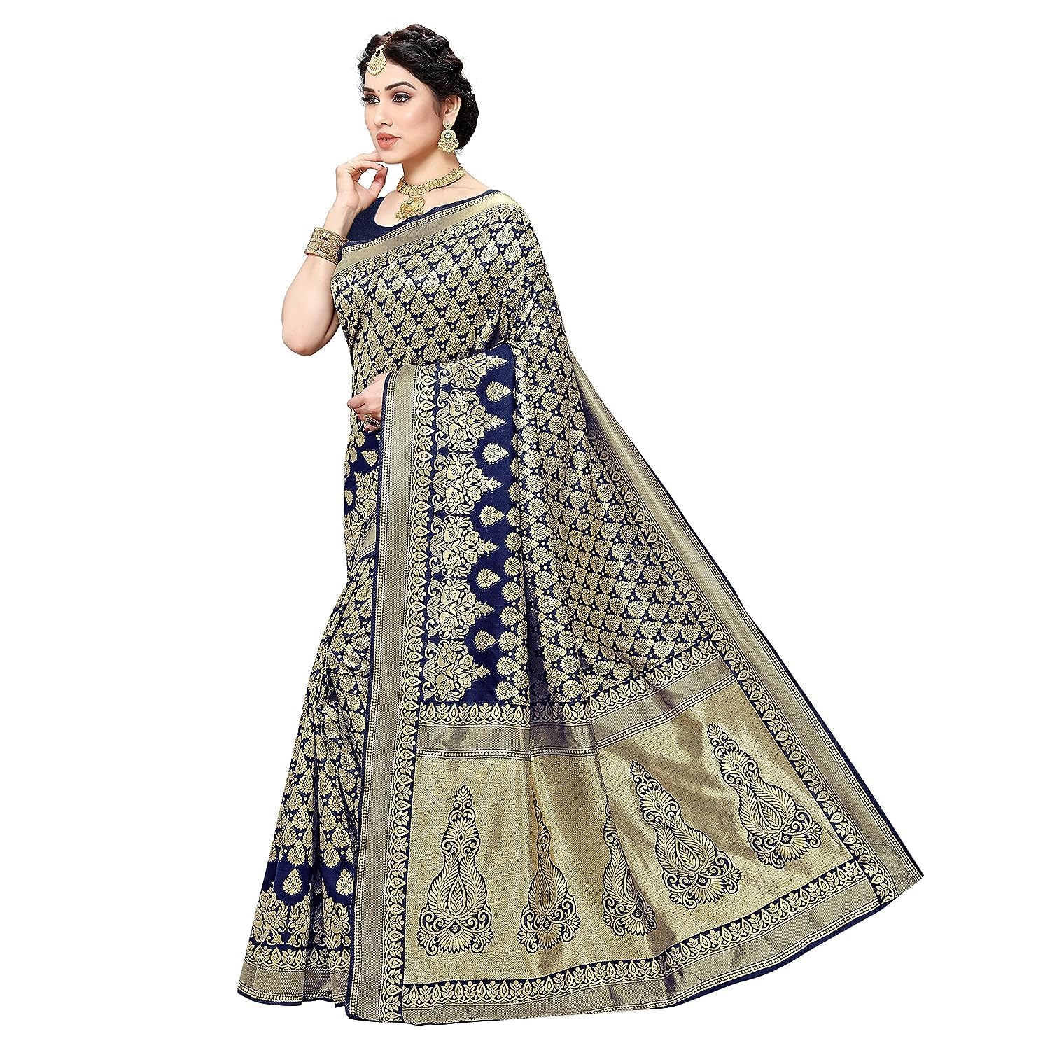 Royal Ethnic | Women's Banarasi Kanjivaram Art Silk Saree | Navy Blue | 5.25m Saree + 0.75m Blouse | Festive Elegance - Royal Ethnic