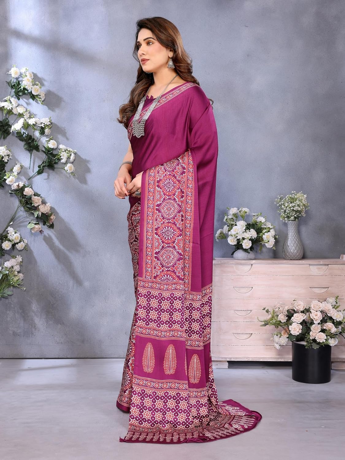 Royal Ethnic | Women's Semi Gajji Ajrakh Bandhej Saree | 5.5m Saree + 0.8m Blouse | Traditional Print | Elegant Drape - Royal Ethnic