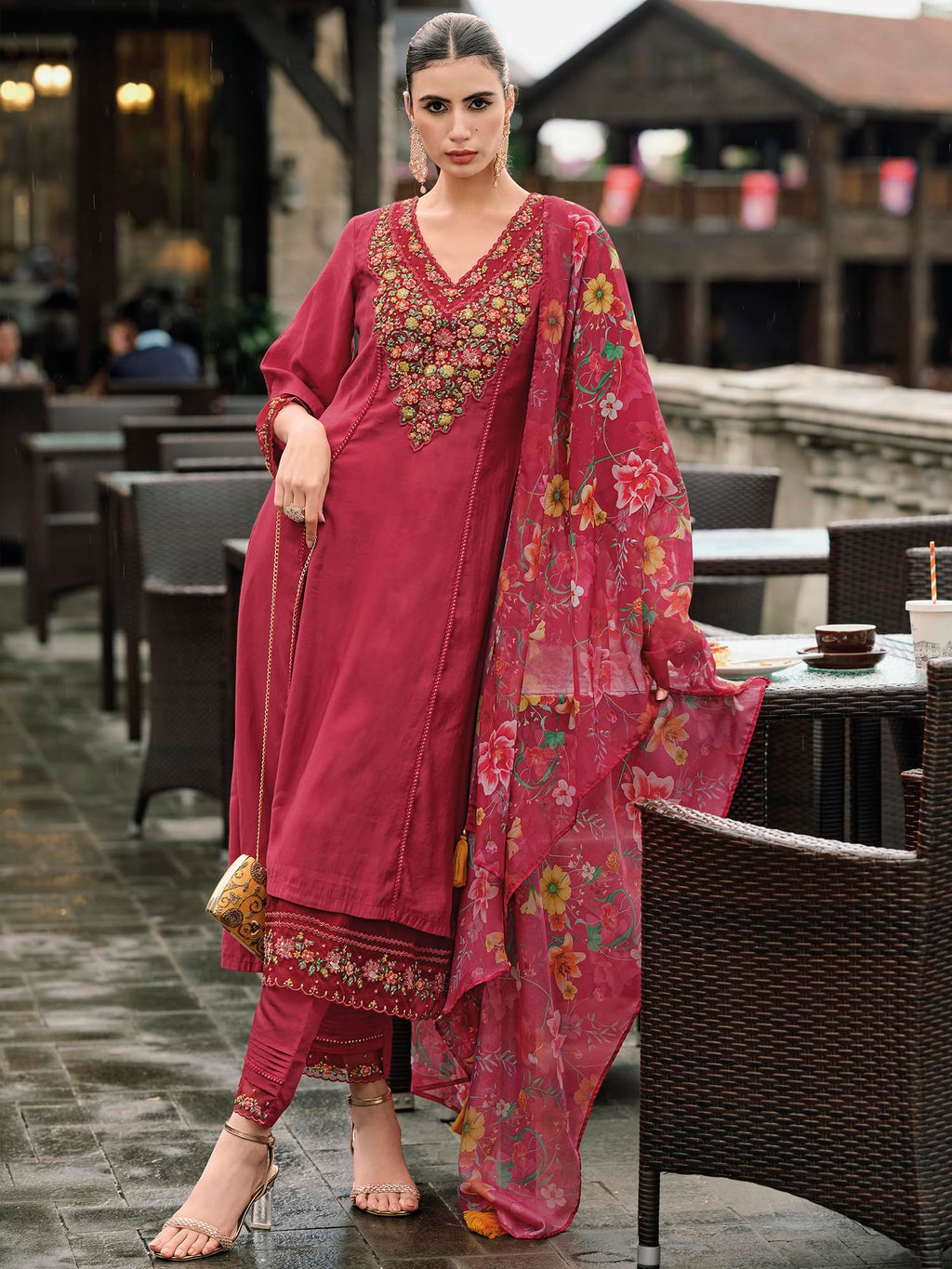 Royal Ethnic Womens Silk Blend Embroidered A Line Kurta Pant with Dupatta Set Stylish Festive Designer Party Wear Outfit - Royal Ethnic
