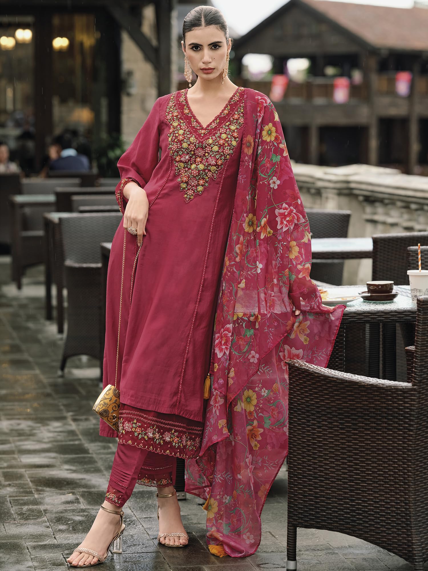 Royal Ethnic Womens Silk Blend Embroidered A Line Kurta Pant with Dupatta Set Stylish Festive Designer Party Wear Outfit - Royal Ethnic