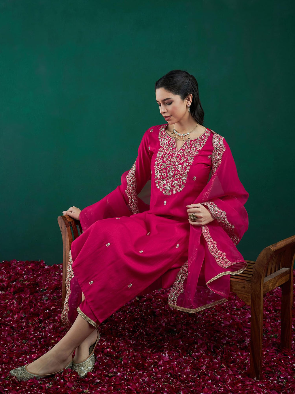 Royal Ethnic | Women's Viscose Embroidered Kurta Pant Dupatta Set | Straight Fit | 3/4 Sleeves | Festive & Elegant Wear - Royal Ethnic