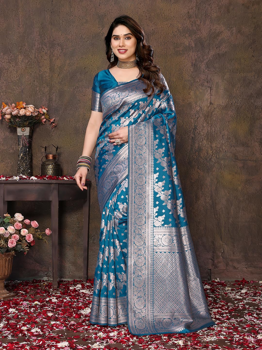 Royal Ethnic | Women's Banarasi Kanjivaram Cotton Silk Saree | 5.5m Saree + 0.8m Blouse | Traditional | Festive Elegance - Royal Ethnic
