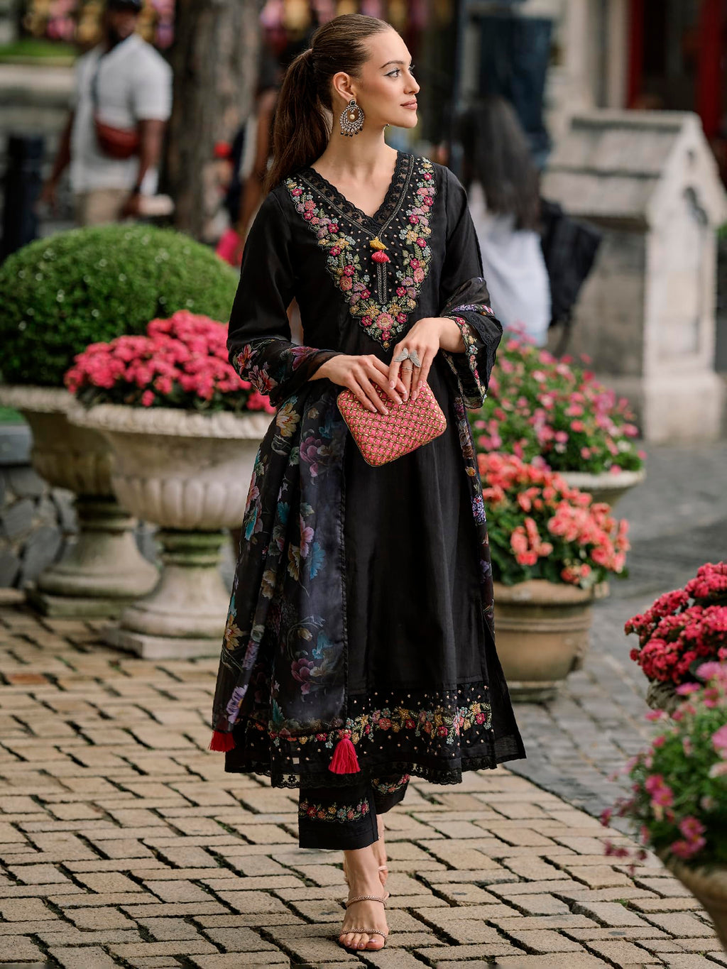 Royal Ethnic Womens Silk Blend Embroidered A Line Kurta Pant with Dupatta Set Stylish Festive Designer Party Wear Outfit - Royal Ethnic