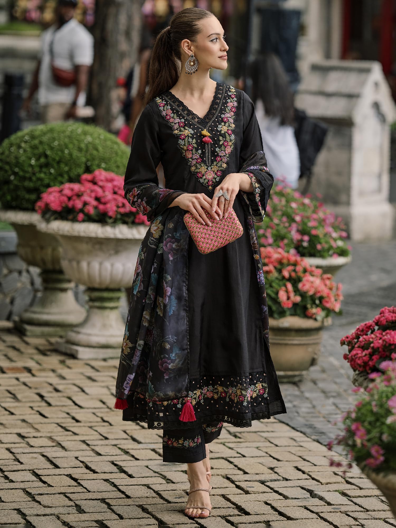 Royal Ethnic Womens Silk Blend Embroidered A Line Kurta Pant with Dupatta Set Stylish Festive Designer Party Wear Outfit - Royal Ethnic