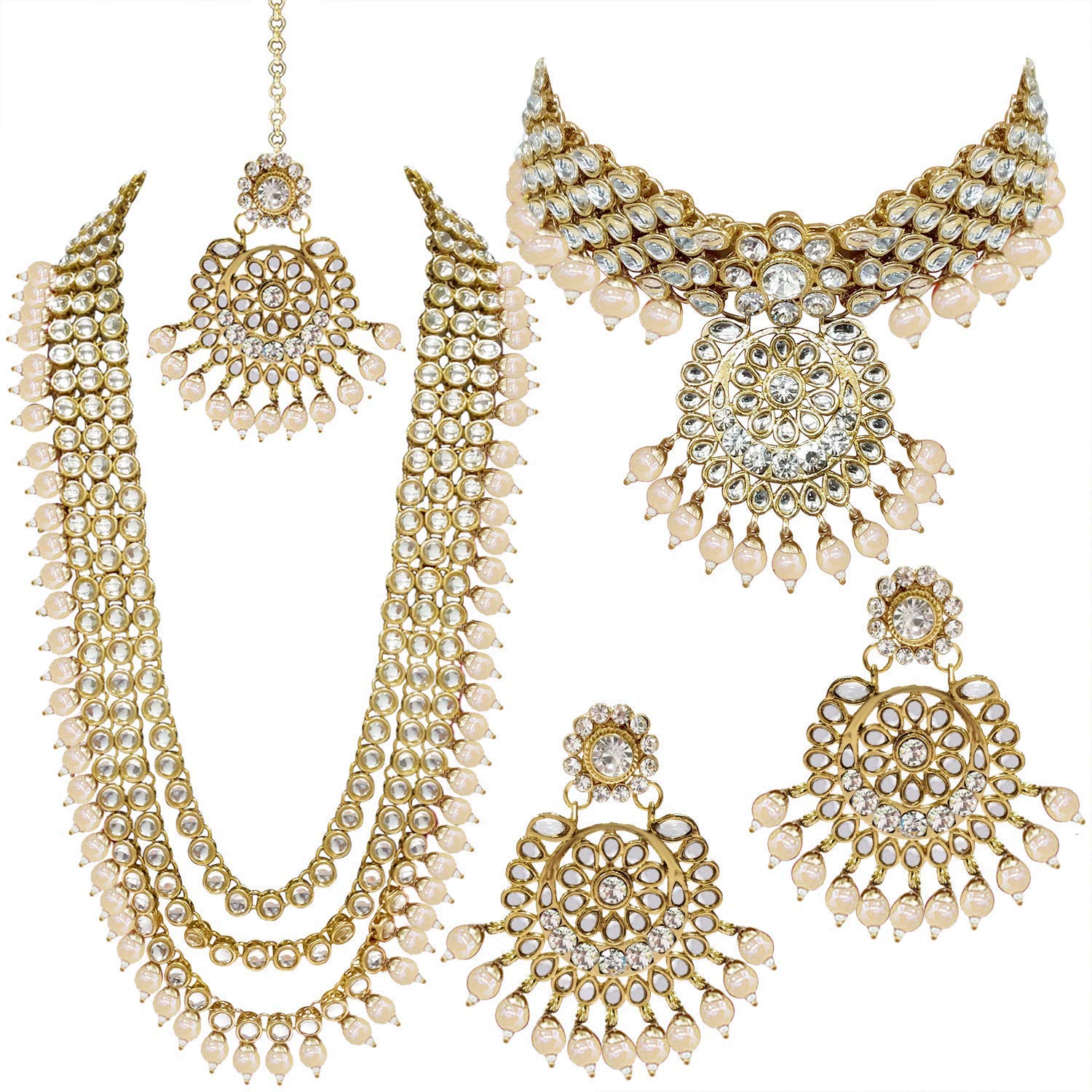 Royal Ethnic Traditional 18K Gold Plated Kundan & Pearl Studded Bridal Choker Necklace Set with Earrings & Maang Tikka - Royal Ethnic