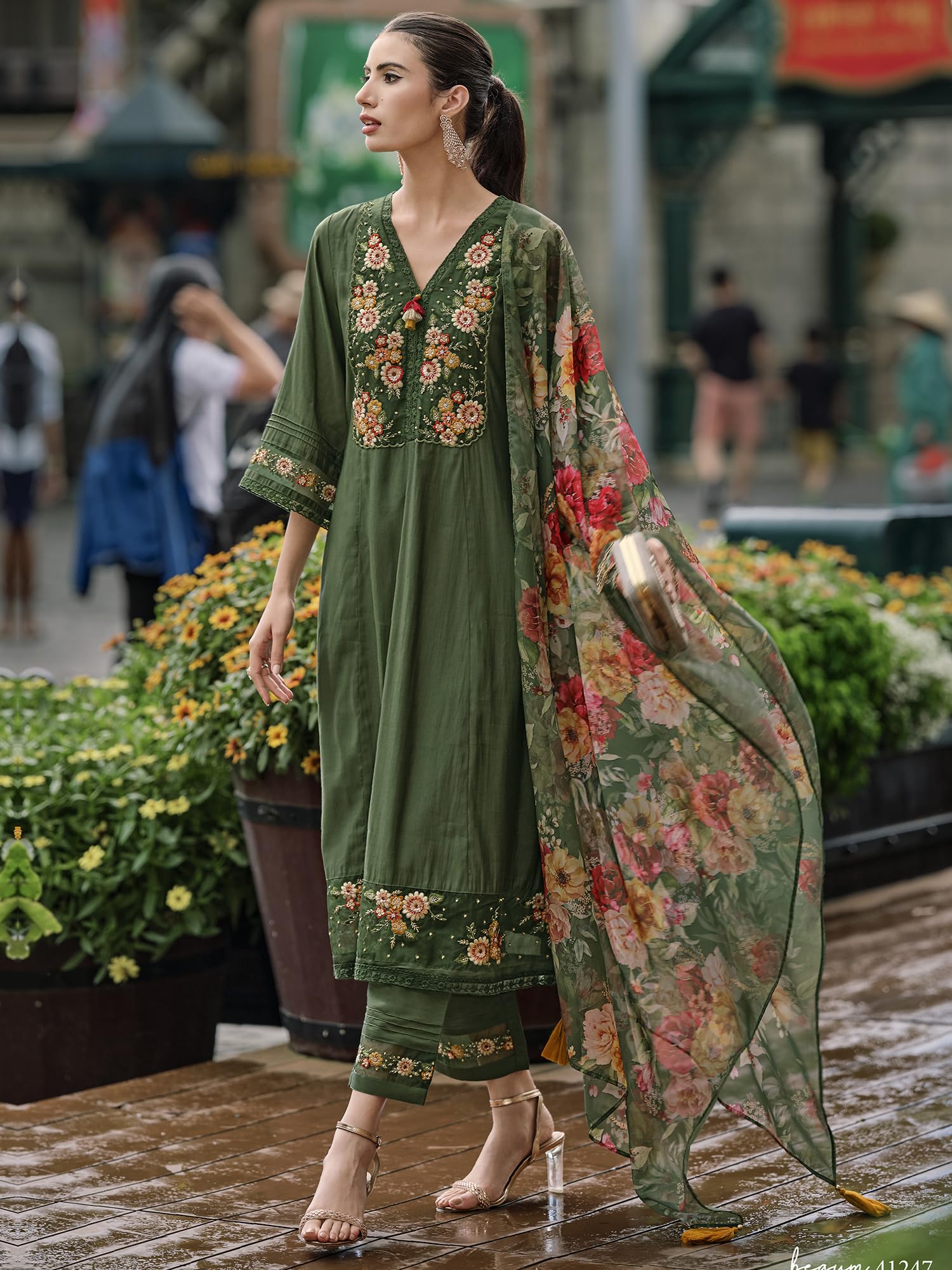 Royal Ethnic Womens Silk Blend Embroidered A Line Kurta Pant with Dupatta Set Stylish Festive Designer Party Wear Outfit - Royal Ethnic