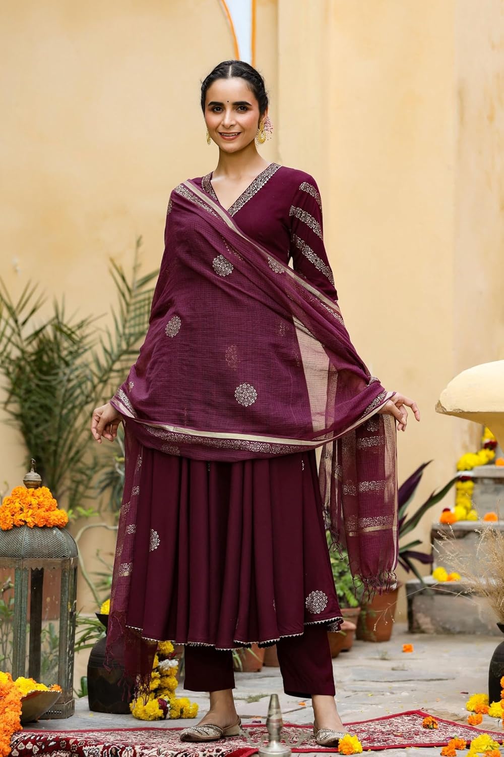 GoSriKi Women’s Elegant Wine Anarkali Kurta Set with Dupatta | Printed Traditional Soft Rayon Fabric