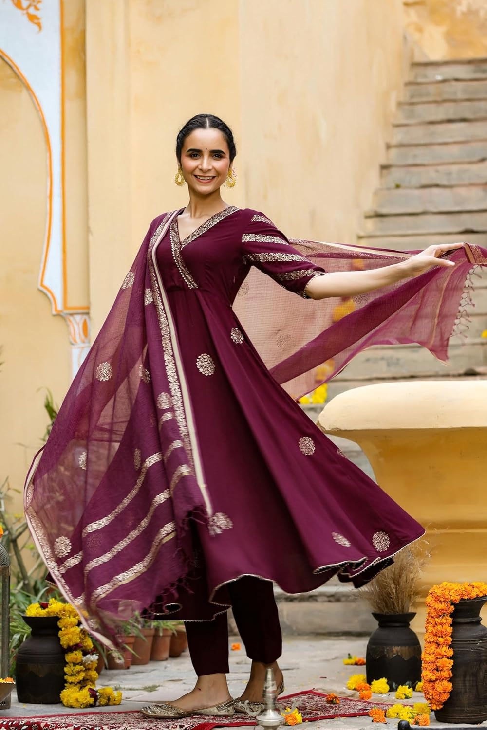 GoSriKi Women’s Elegant Wine Anarkali Kurta Set with Dupatta | Printed Traditional Soft Rayon Fabric