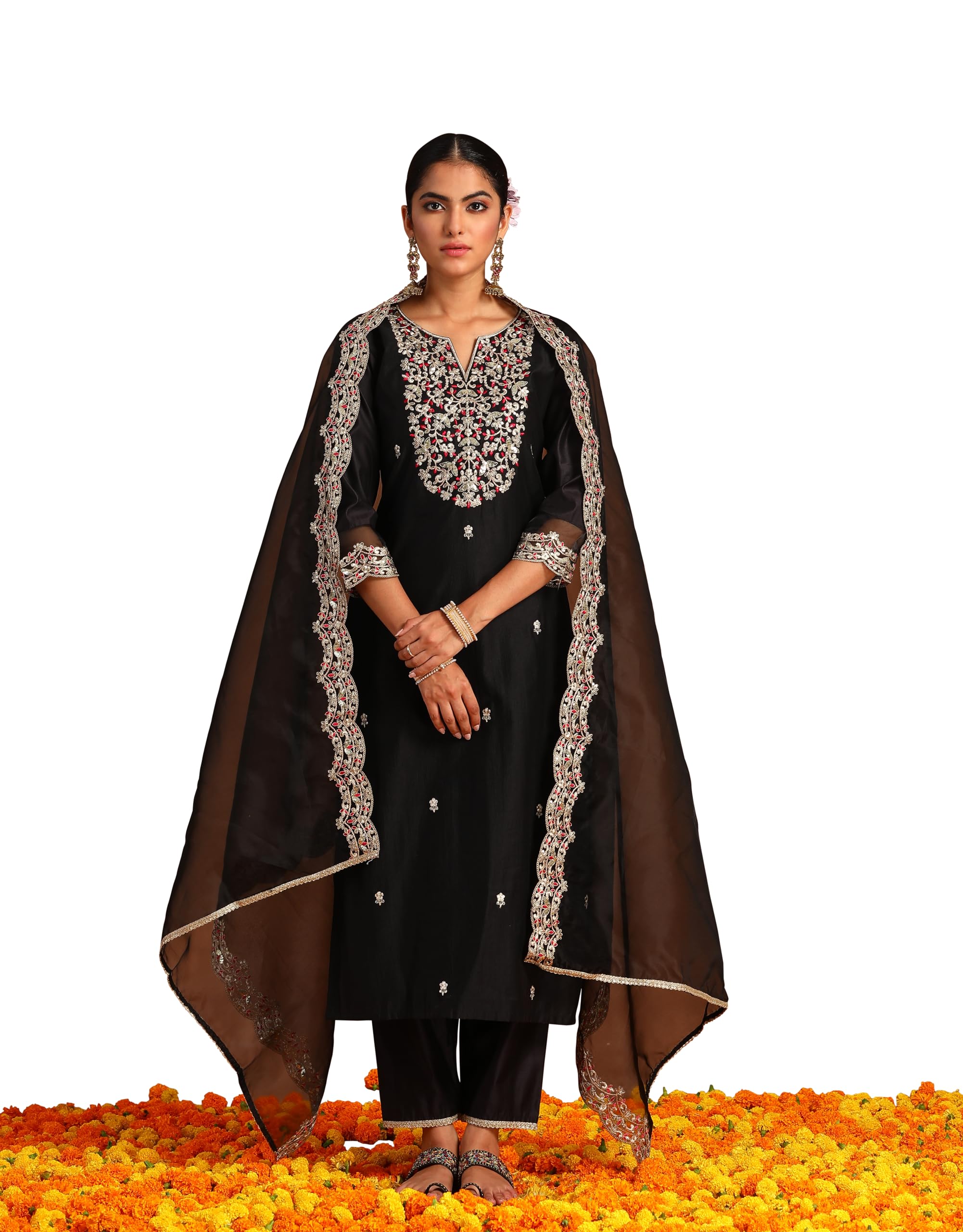 Royal Ethnic | Women's Viscose Embroidered Kurta Pant Dupatta Set | Straight Fit | 3/4 Sleeves | Festive & Elegant Wear - Royal Ethnic