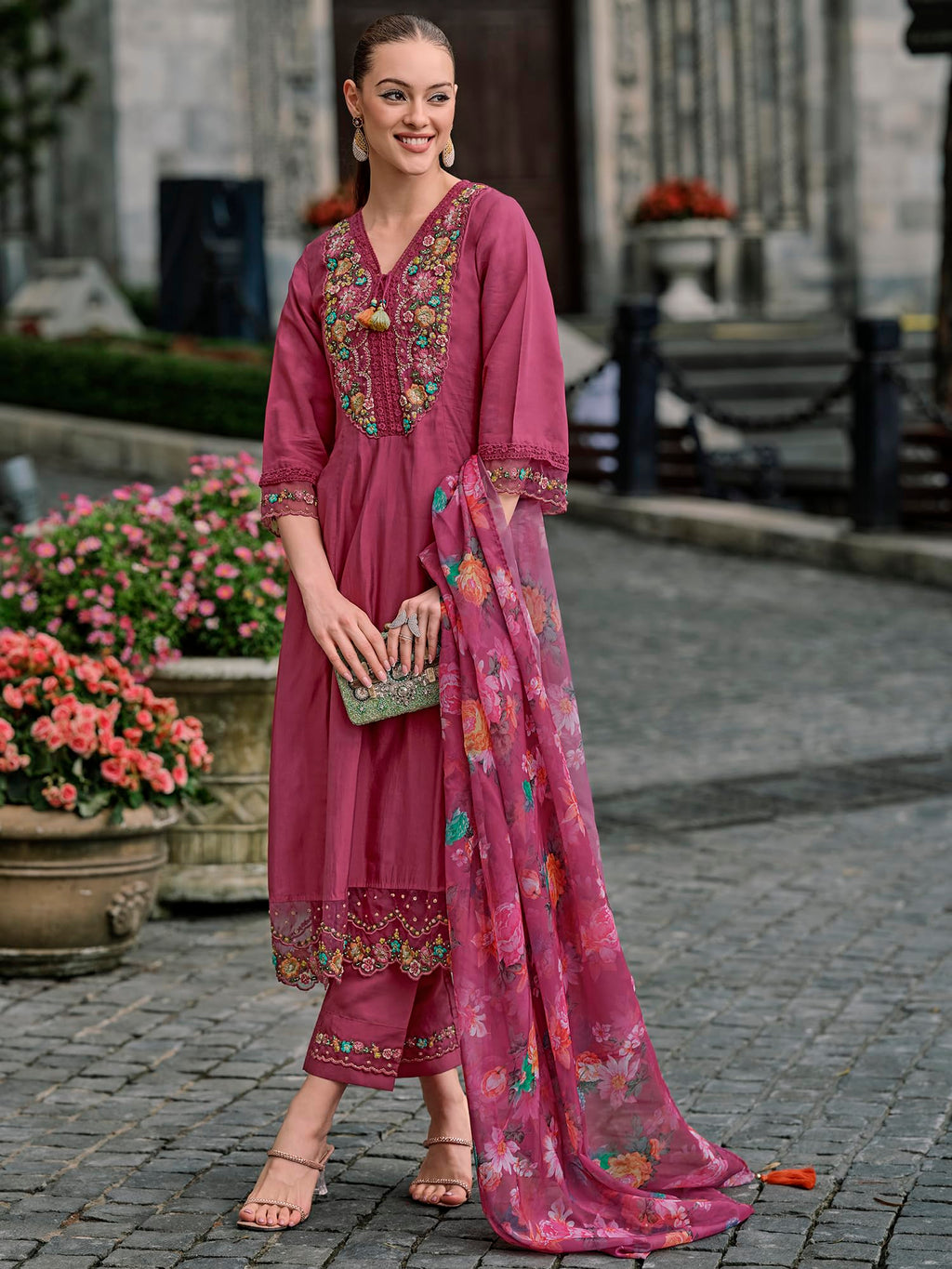 Royal Ethnic Womens Silk Blend Embroidered A Line Kurta Pant with Dupatta Set Stylish Festive Designer Party Wear Outfit - Royal Ethnic