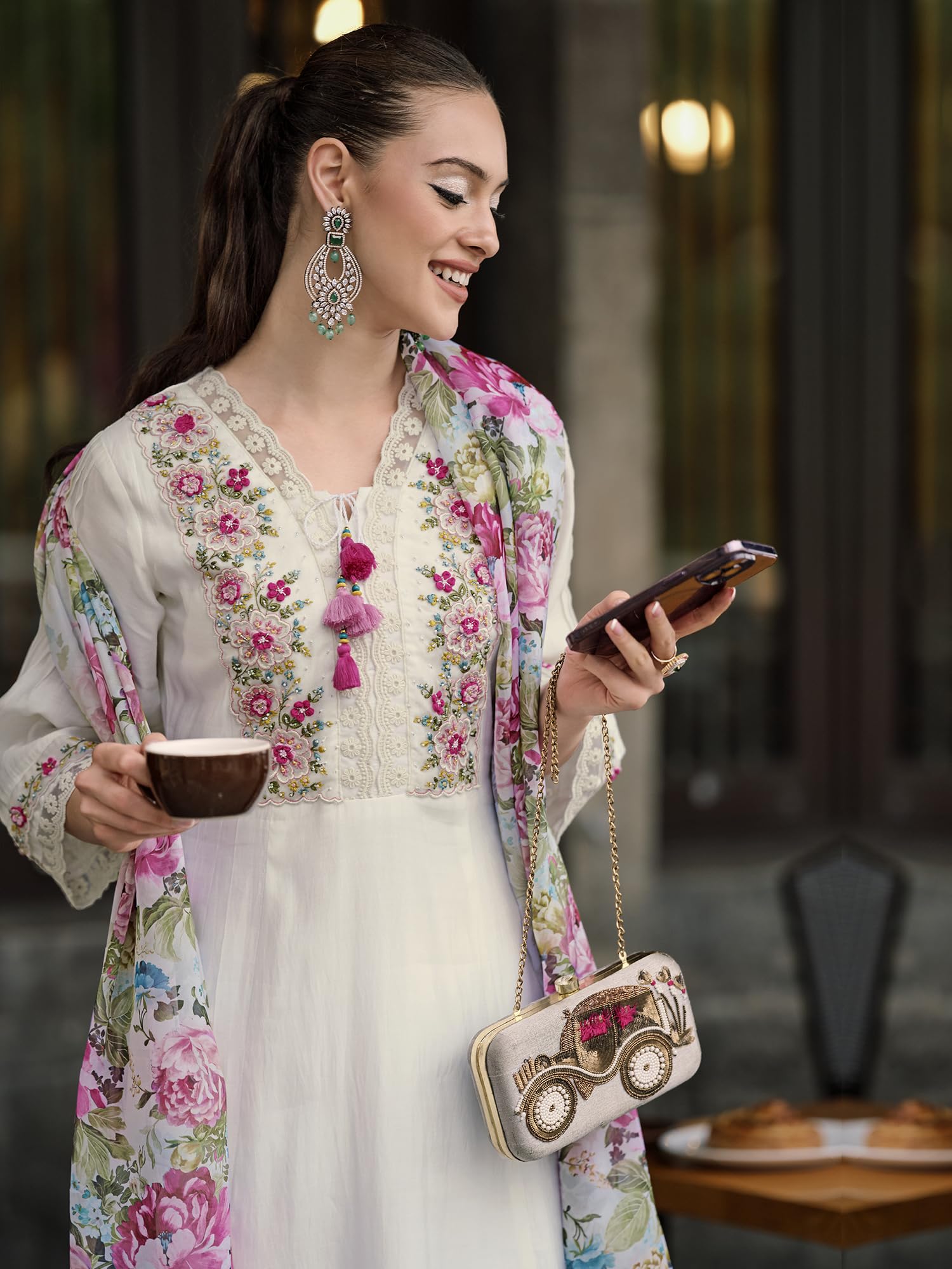 Royal Ethnic Womens Silk Blend Embroidered A Line Kurta Pant with Dupatta Set Stylish Festive Designer Party Wear Outfit - Royal Ethnic