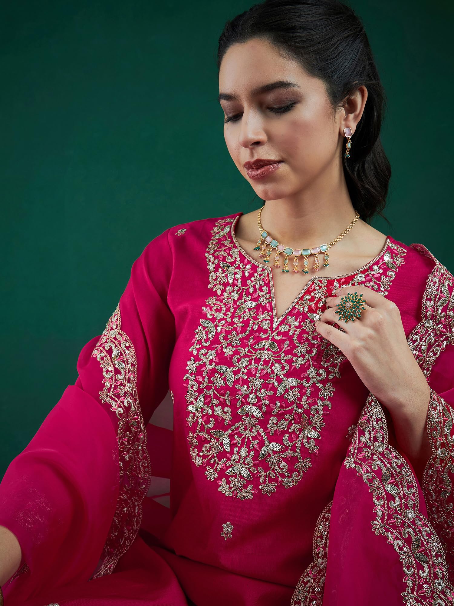 Royal Ethnic | Women's Viscose Embroidered Kurta Pant Dupatta Set | Straight Fit | 3/4 Sleeves | Festive & Elegant Wear - Royal Ethnic