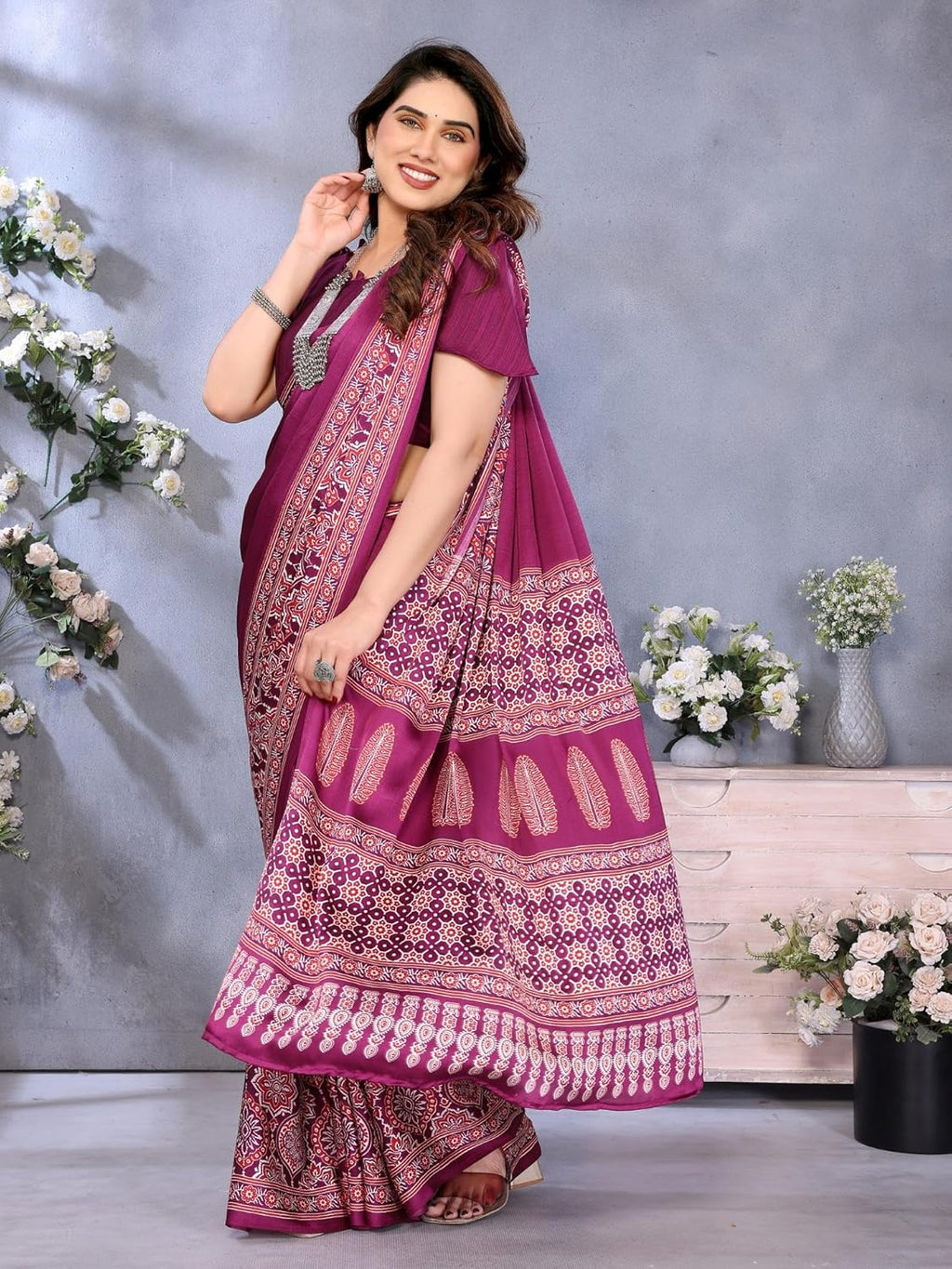 Royal Ethnic | Women's Semi Gajji Ajrakh Bandhej Saree | 5.5m Saree + 0.8m Blouse | Traditional Print | Elegant Drape - Royal Ethnic